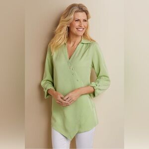 New Soft Surroundings Washed Tencel Tunic Asymmetrical Buttons Green Size XL